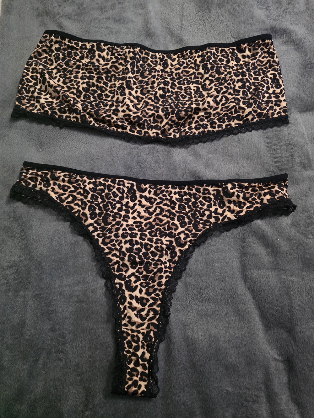Leopard Print Lace-Trim Bikini & Bandeau Set - Black/Tan